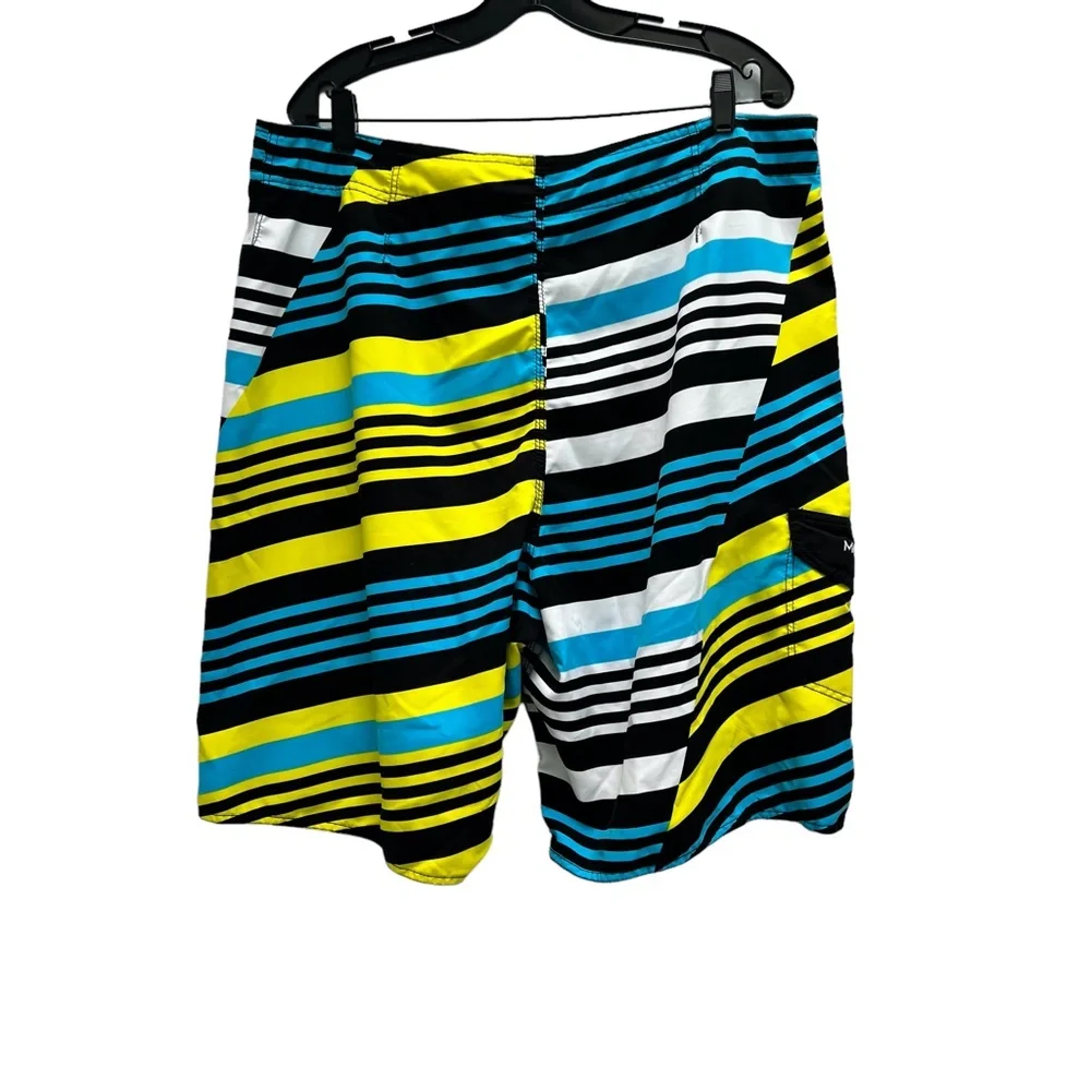 MAUI AND SONS BLUE, YELLOW, WHITE AND BLACK STRIPED BOARD SHORTS